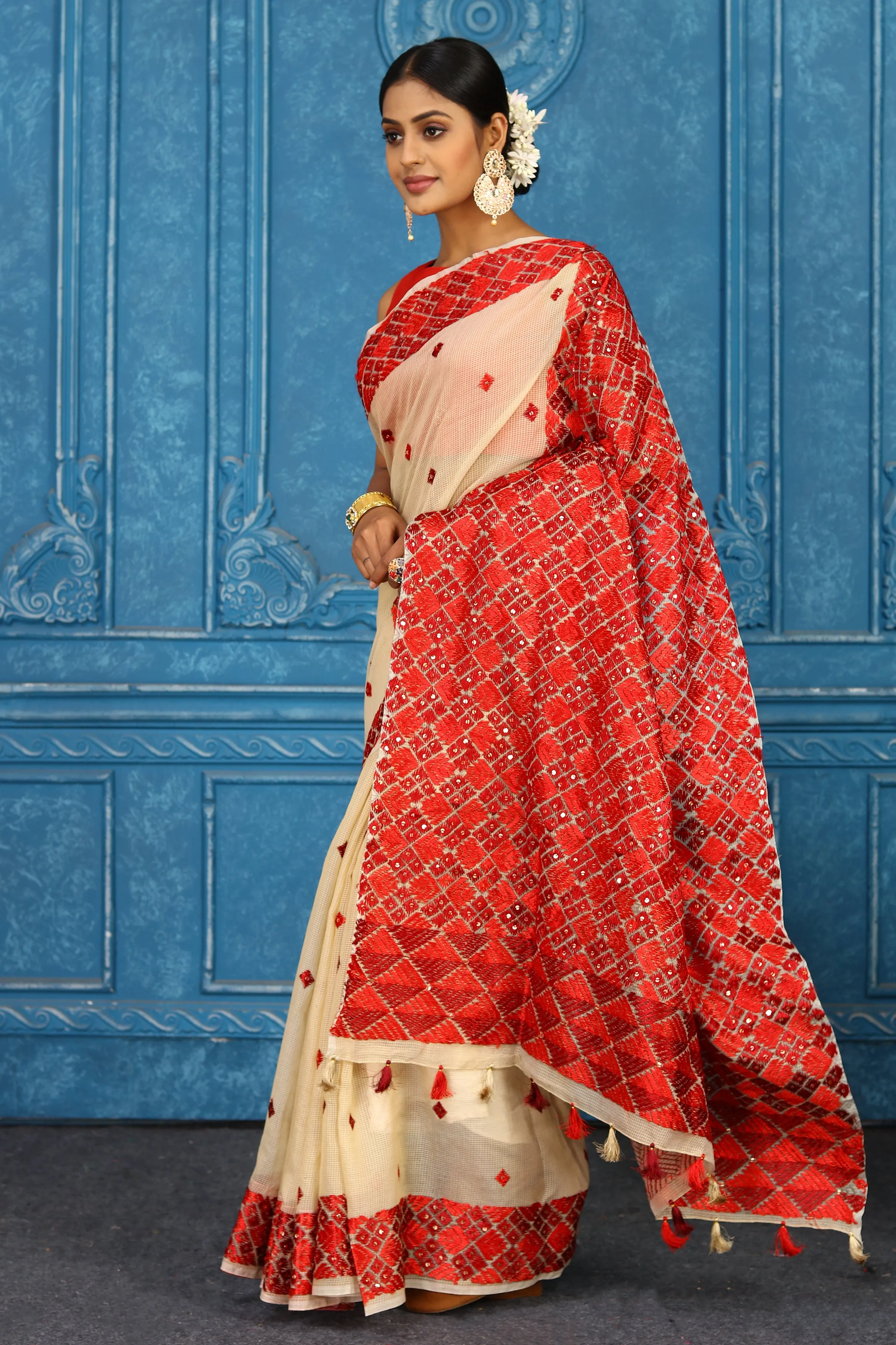 91A451 Cream Red Phulkari Embroidery Saree