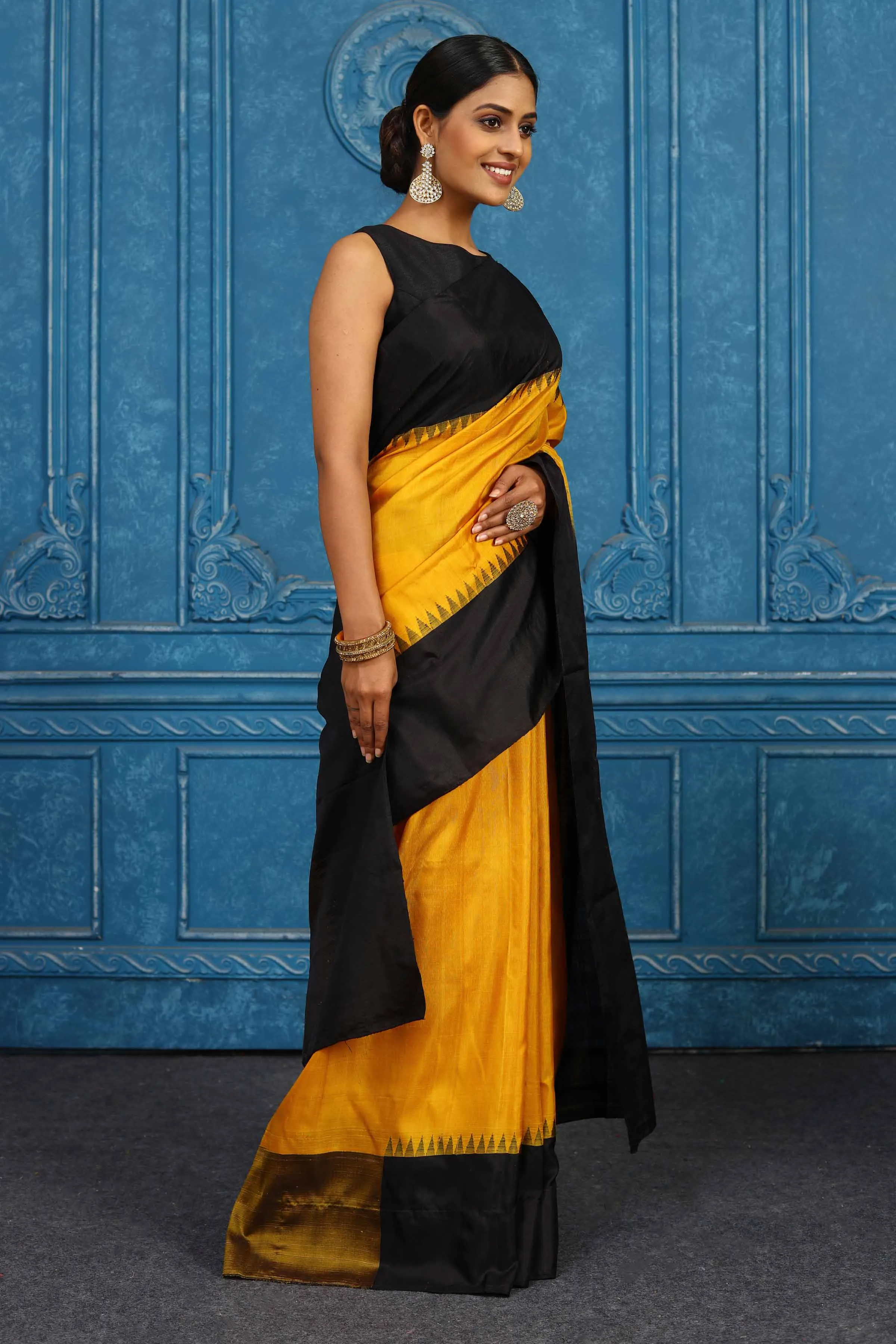 91A462 Yellow and Black Gadhwal Silk Saree with Zari Pallu