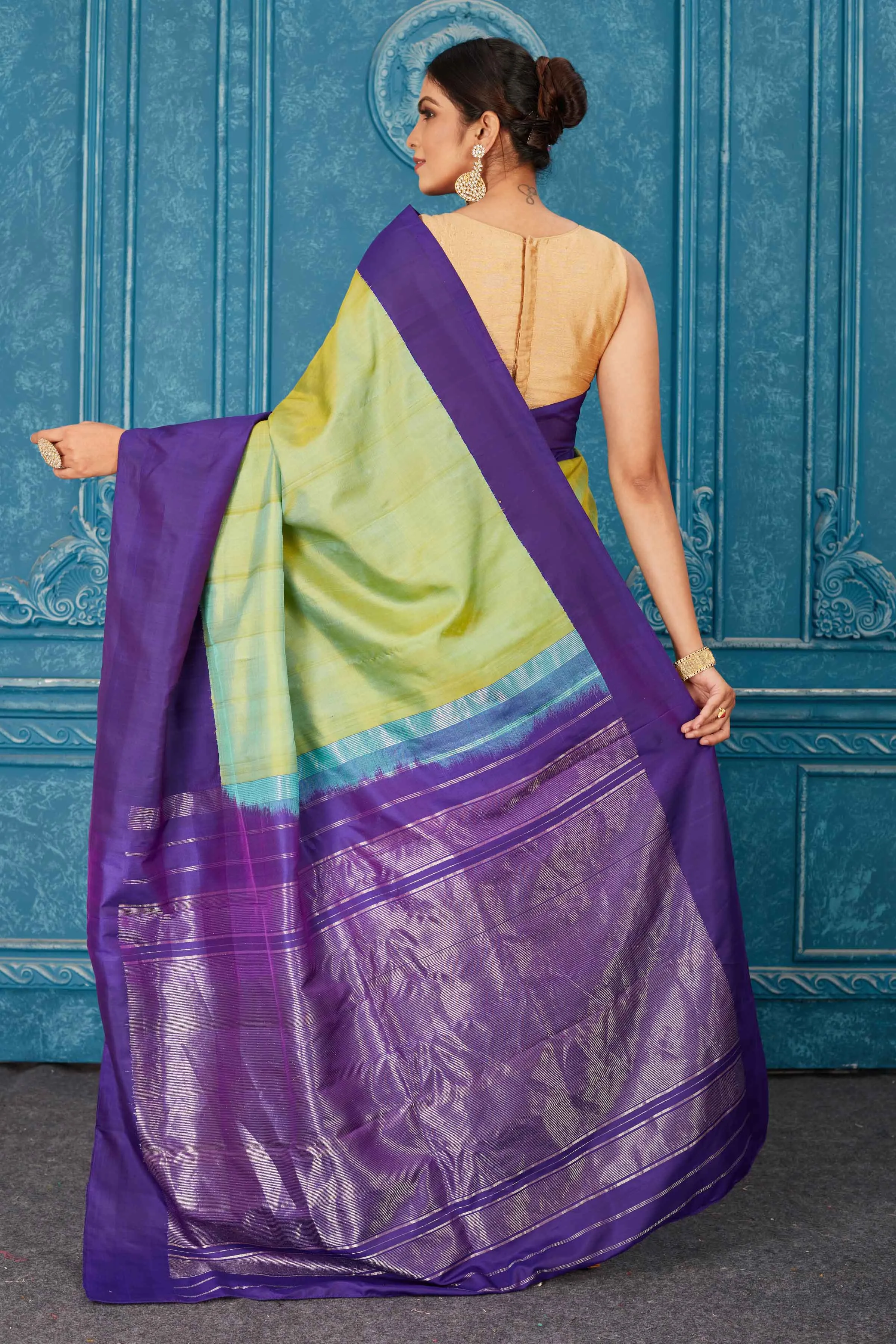 91A467 Pista Green Kanjivaram Saree with Purple Border