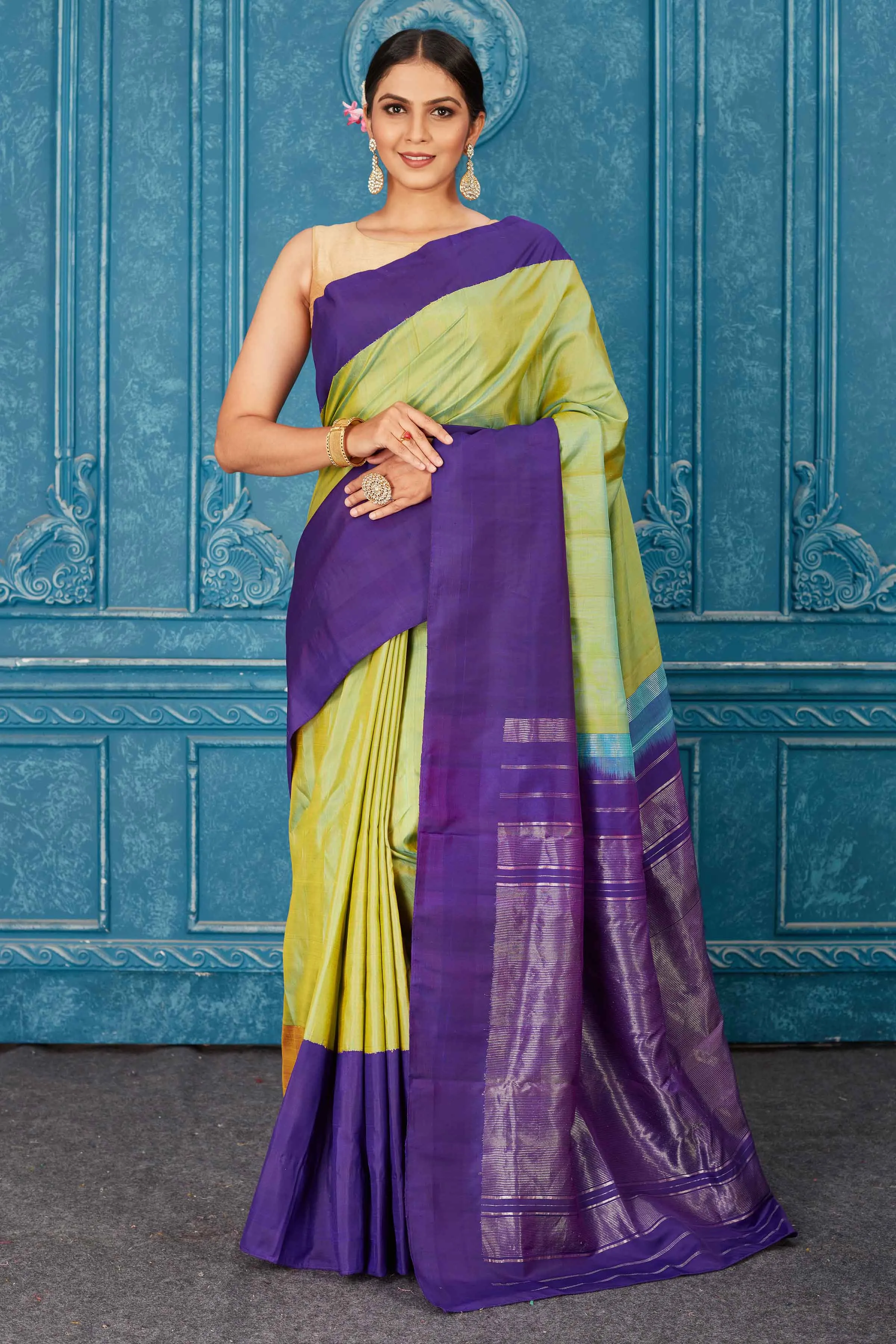 91A467 Pista Green Kanjivaram Saree with Purple Border