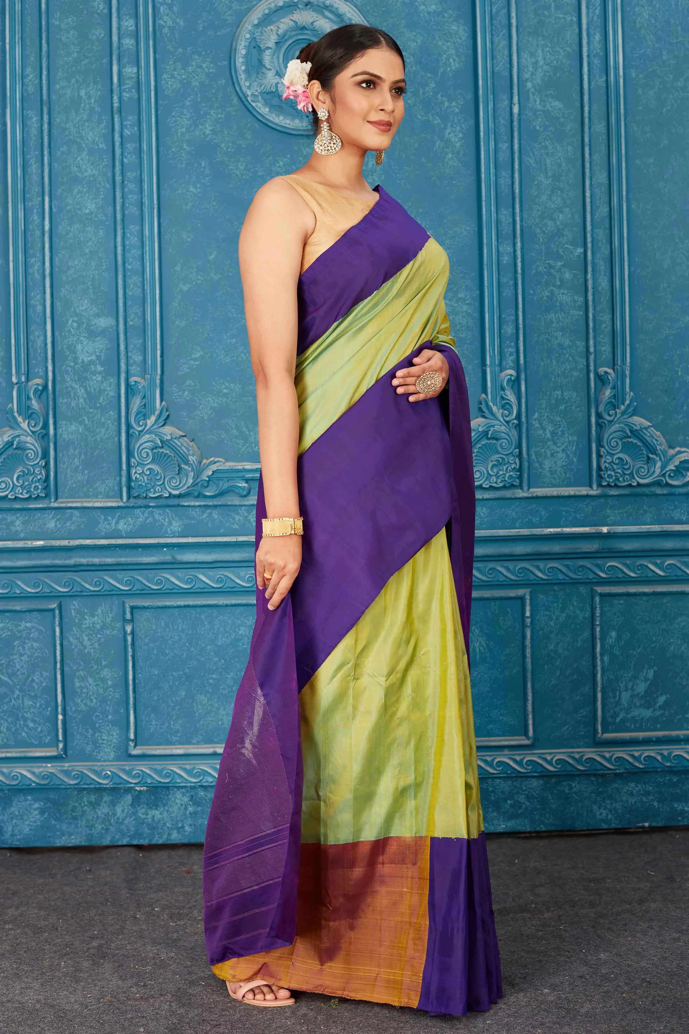 91A467 Pista Green Kanjivaram Saree with Purple Border