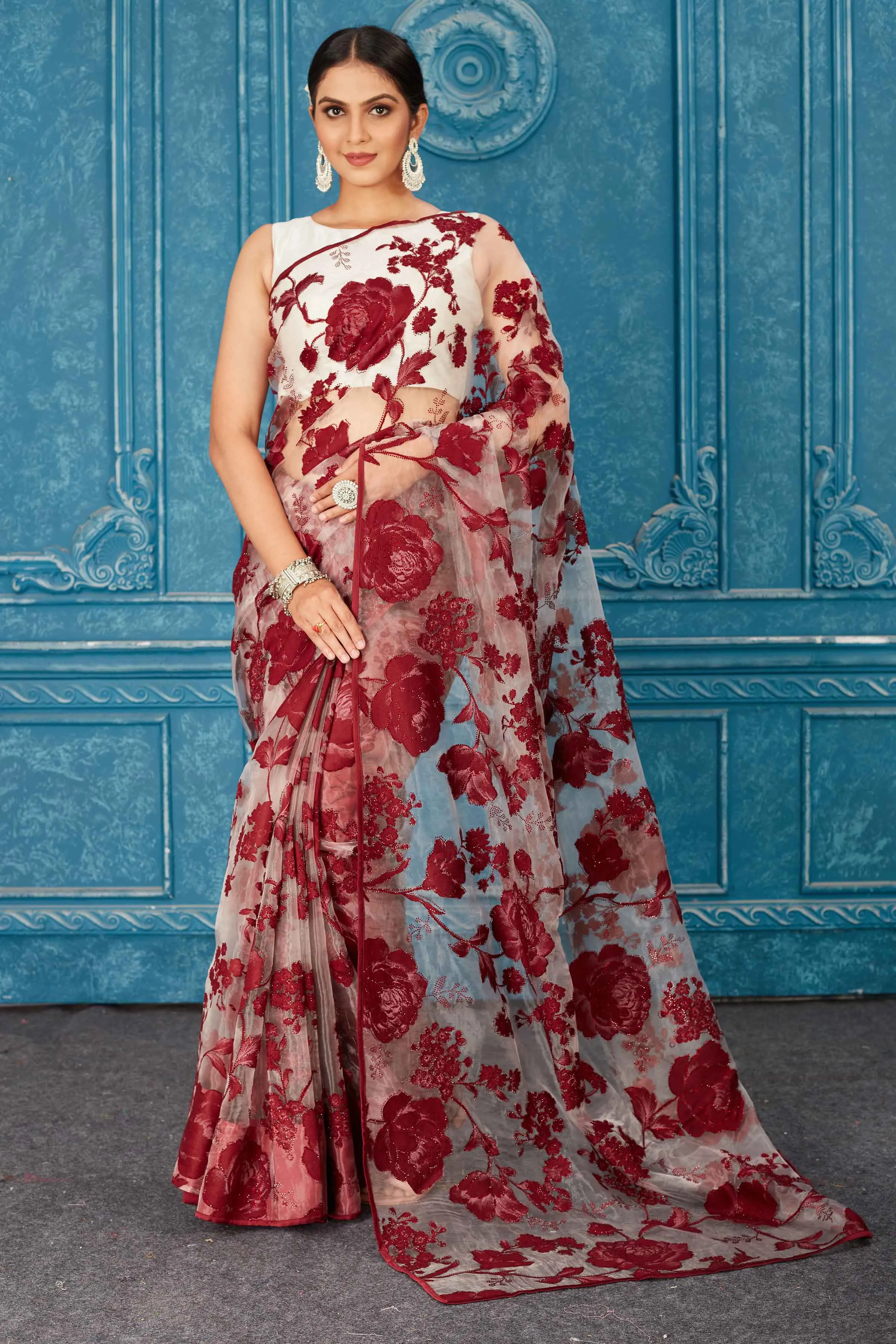 91A476 Red Tissue Silk Saree with Embrose and Stone Work