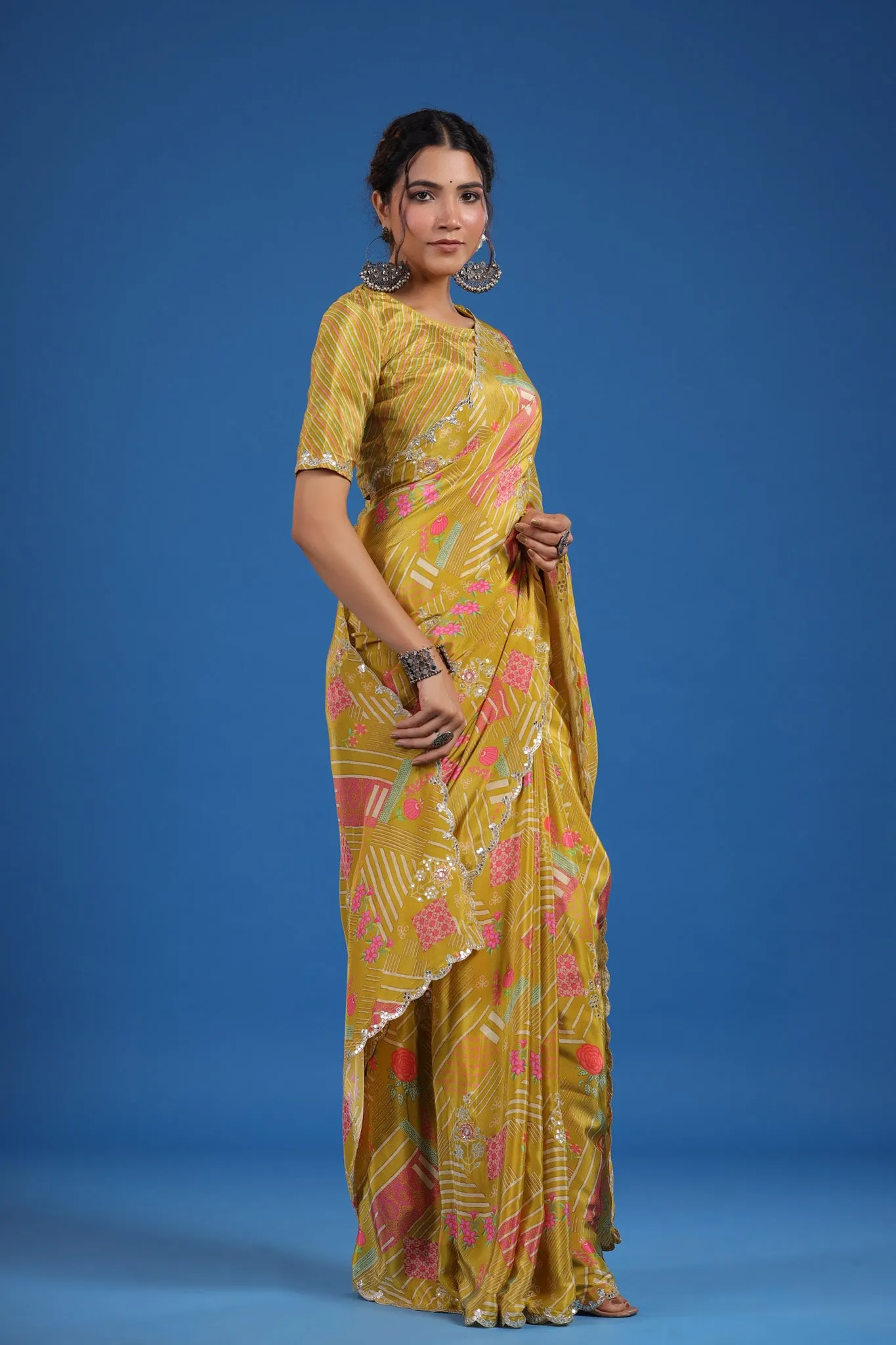 92A064 Mustard Printed Crepe Georgette Saree