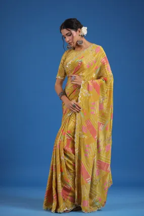 92A064 Mustard Printed Crepe Georgette Saree