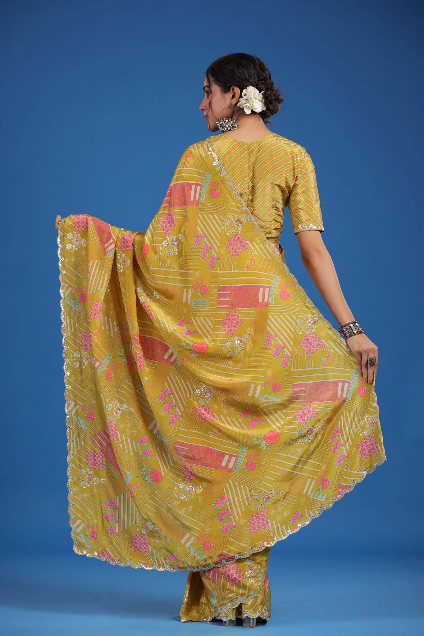 92A064 Mustard Printed Crepe Georgette Saree