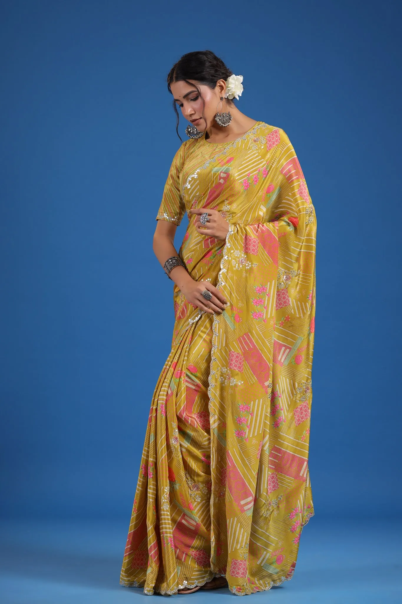 92A064 Mustard Printed Crepe Georgette Saree