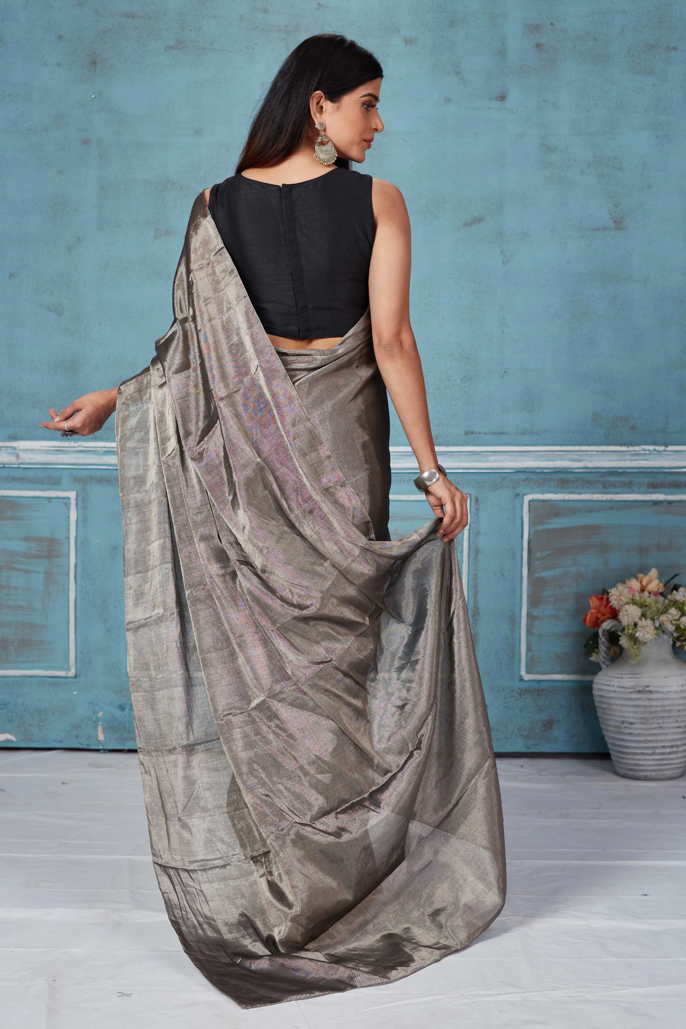 92A169 Metallic Grey Tissue Silk Zari Sari