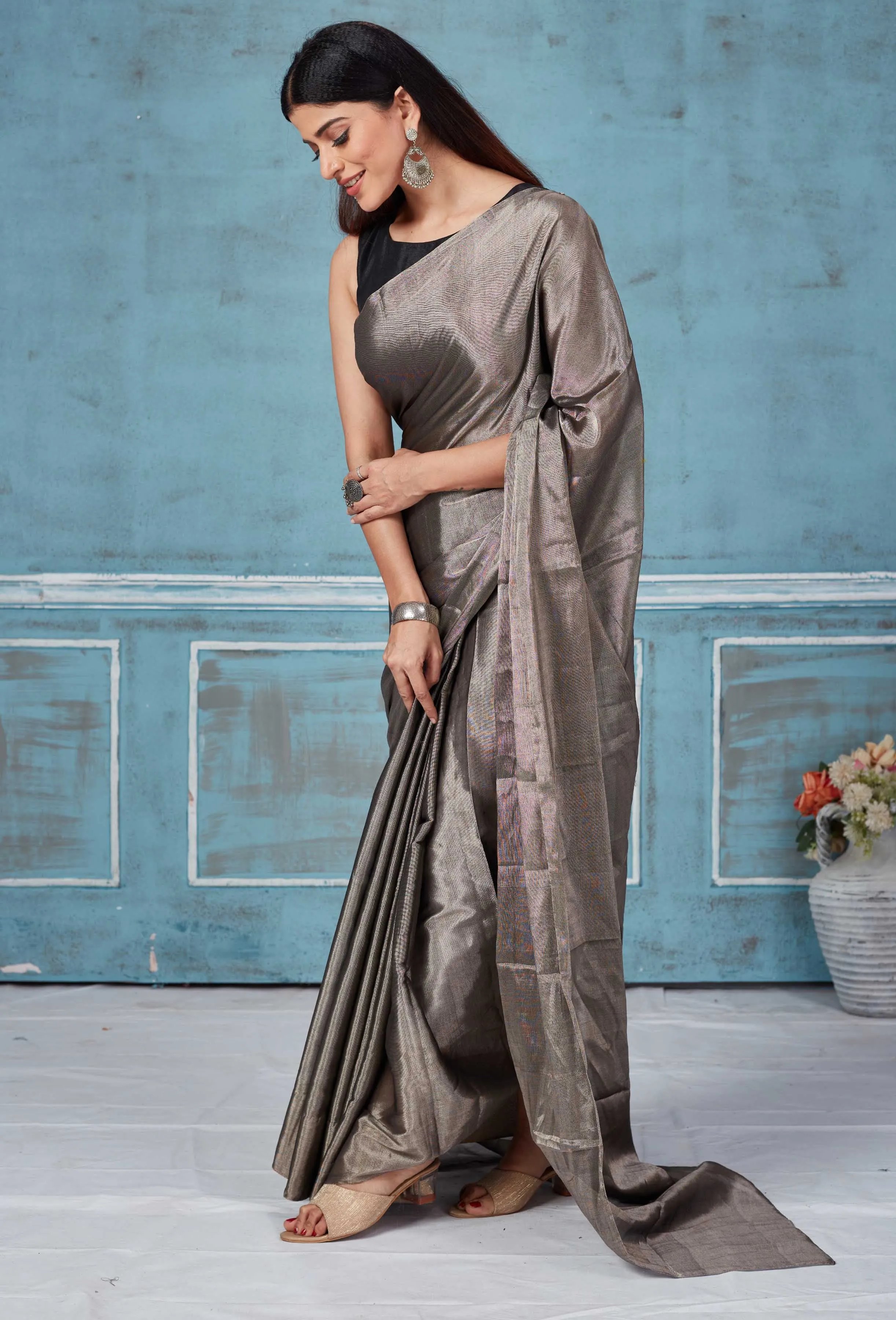 92A169 Metallic Grey Tissue Silk Zari Sari