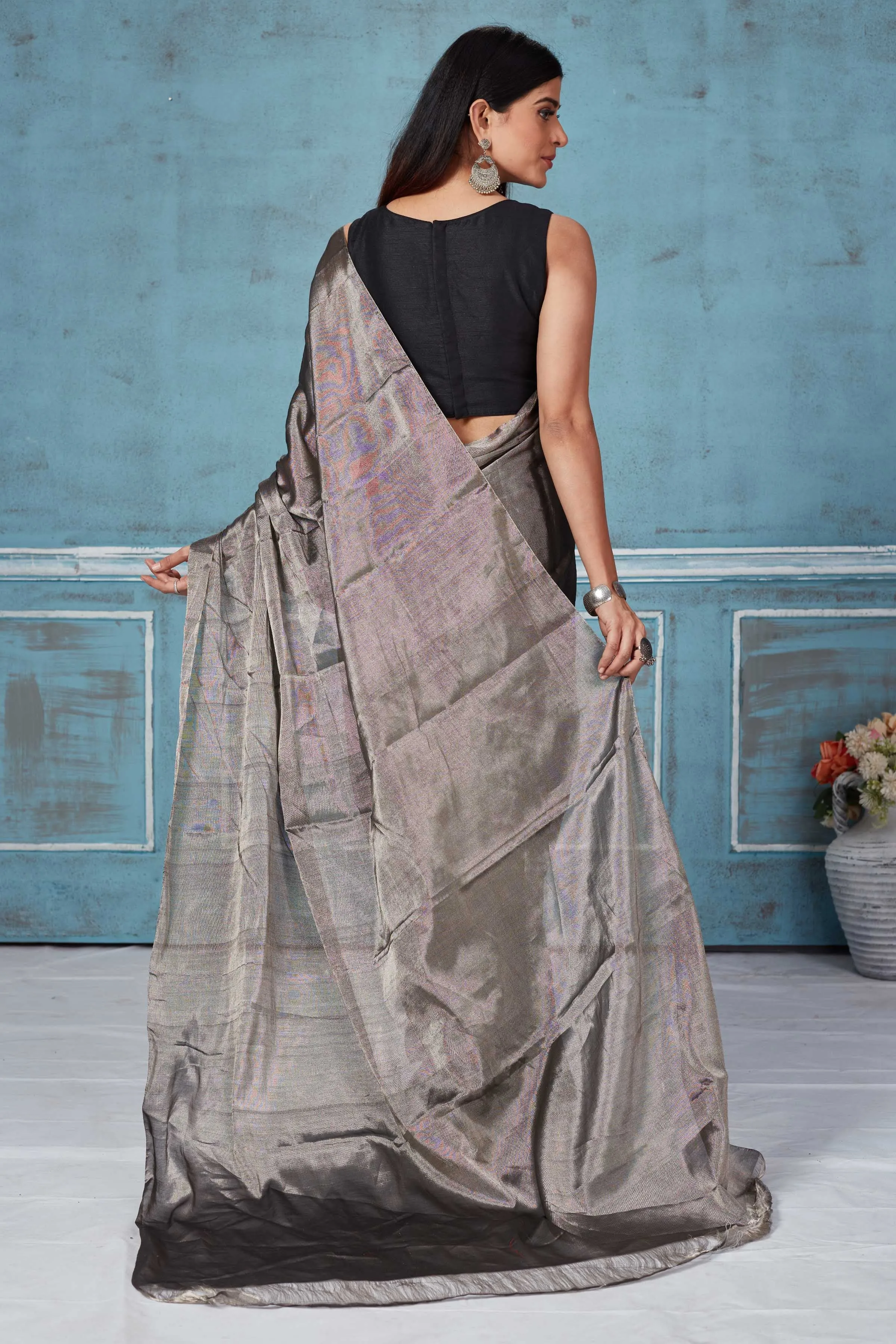 92A173 Grey Silver Zari Tissue Silk Saree