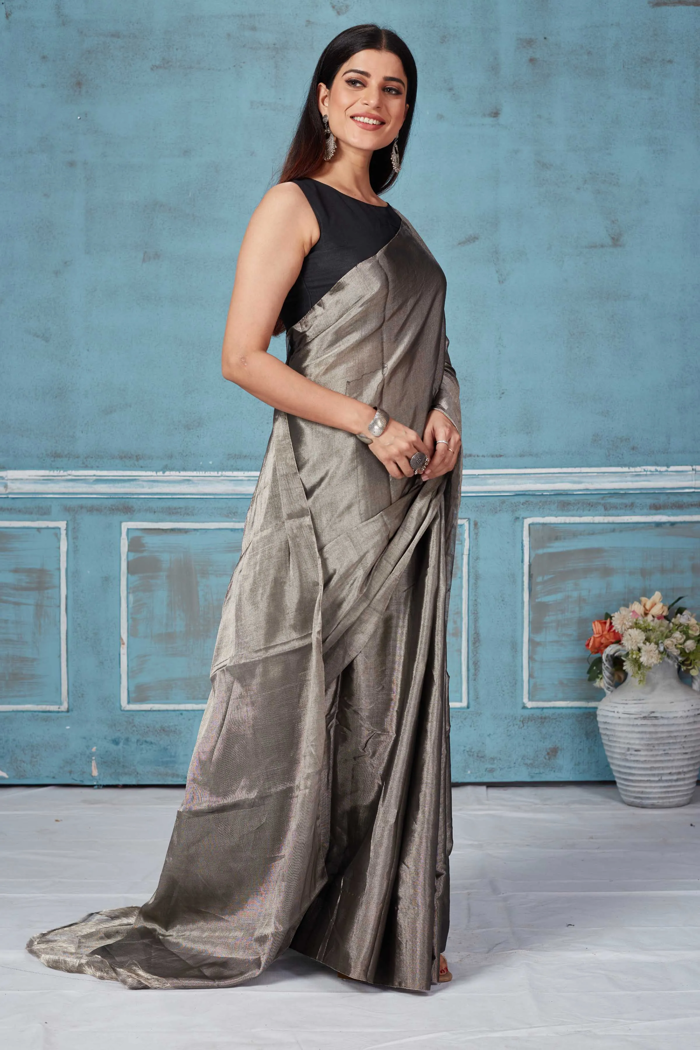 92A173 Grey Silver Zari Tissue Silk Saree