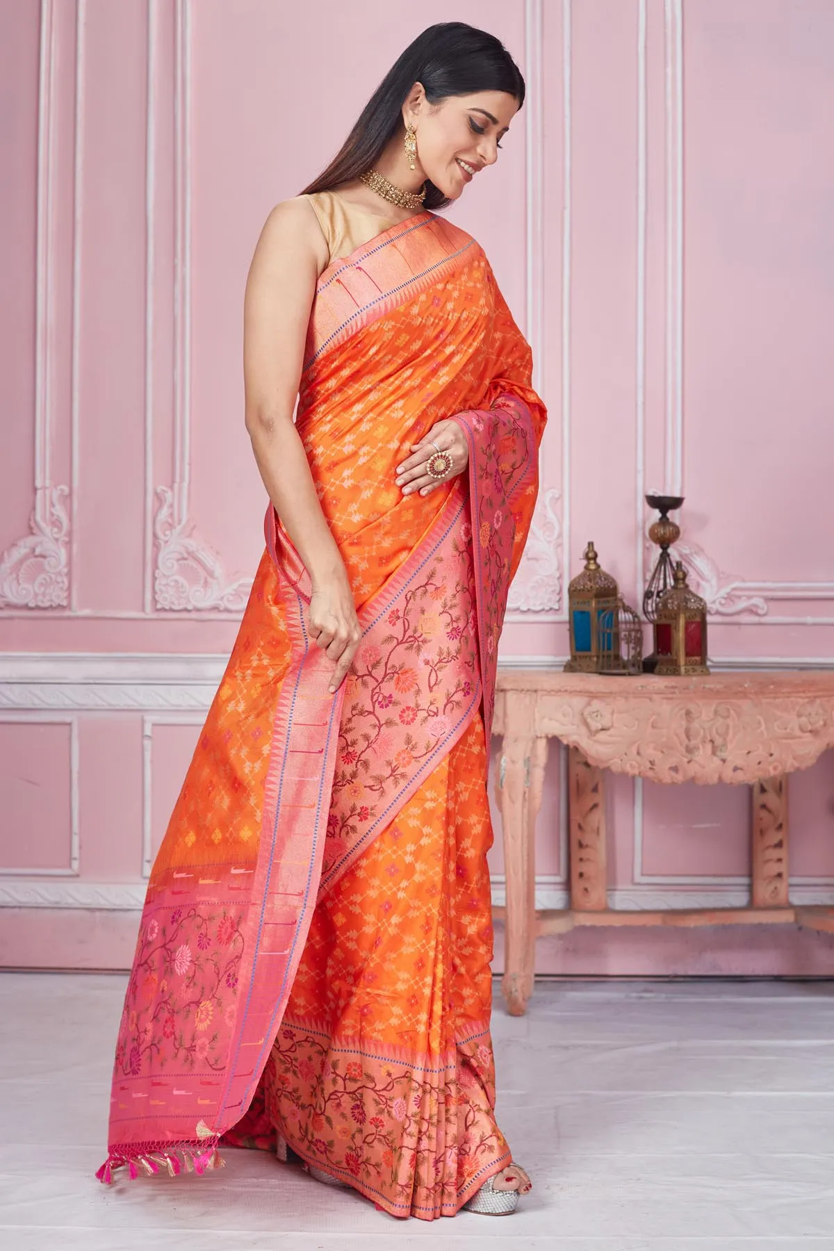 92A185 Orange Banarasi Saree with Heavy Zari Minakari Border