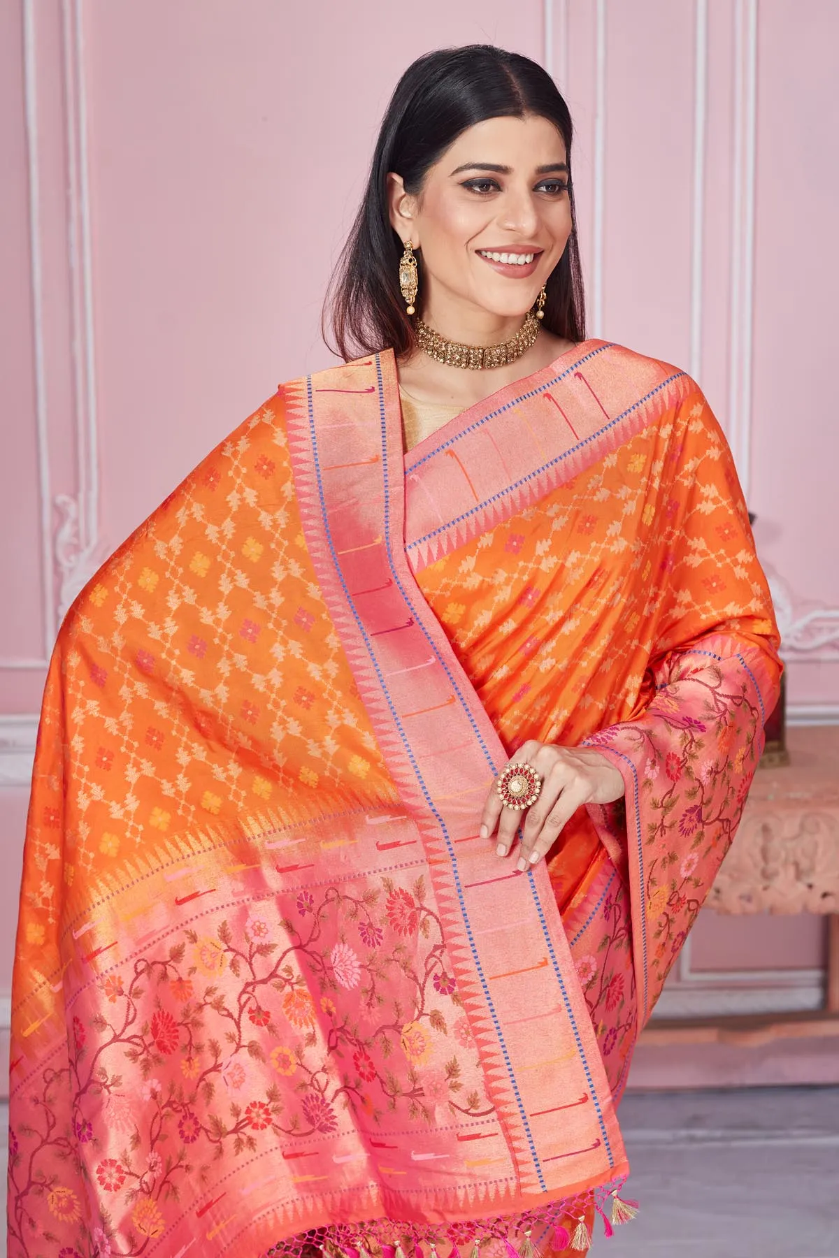 92A185 Orange Banarasi Saree with Heavy Zari Minakari Border