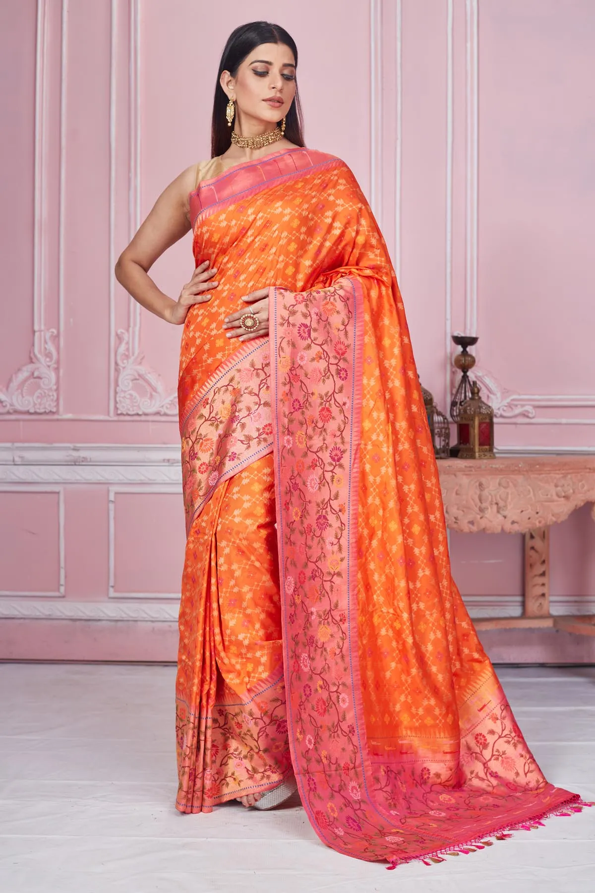 92A185 Orange Banarasi Saree with Heavy Zari Minakari Border