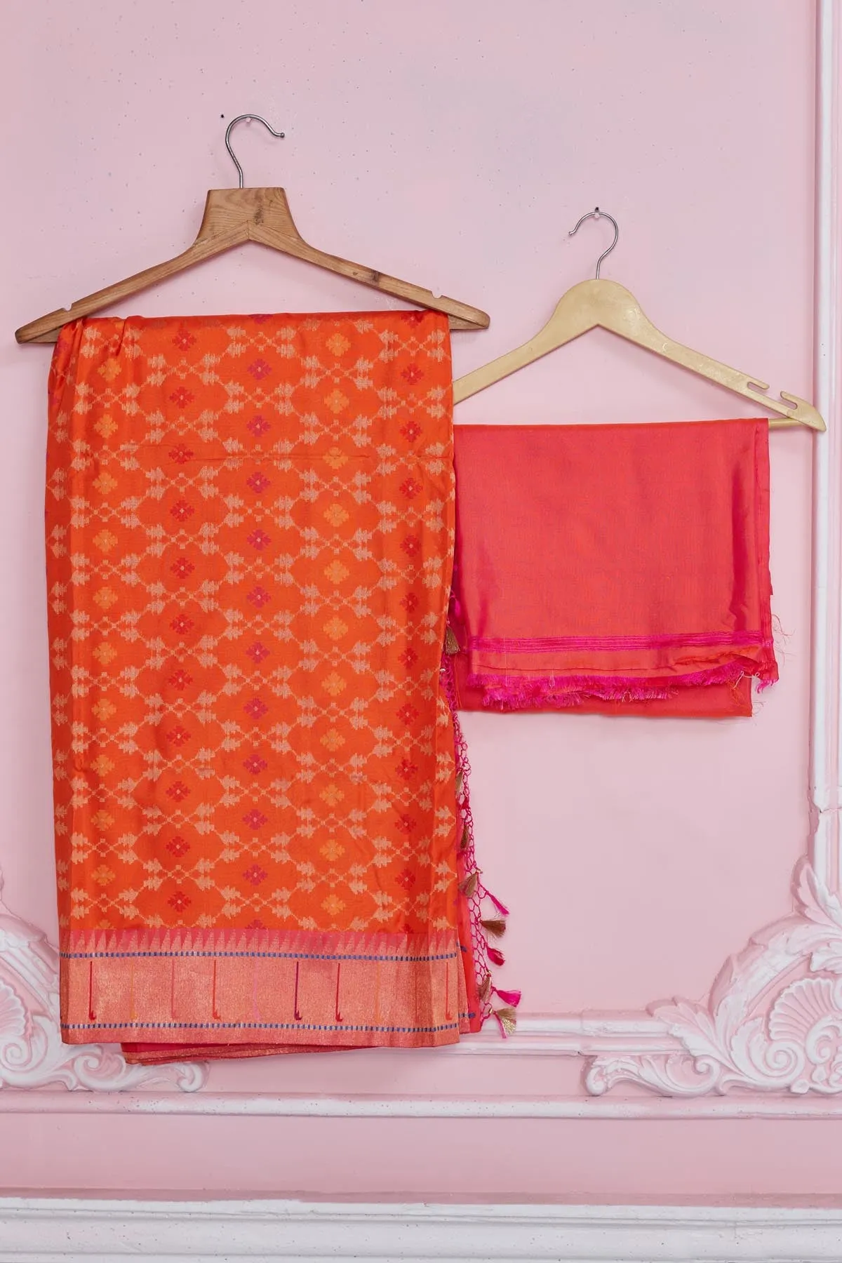 92A185 Orange Banarasi Saree with Heavy Zari Minakari Border