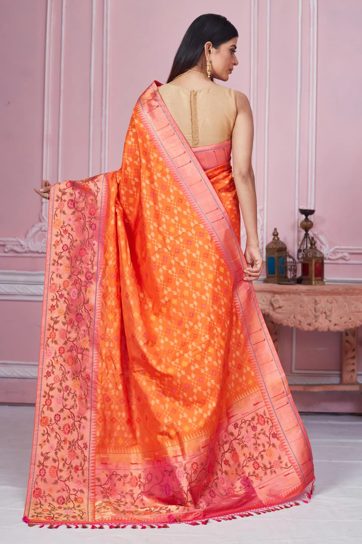 92A185 Orange Banarasi Saree with Heavy Zari Minakari Border