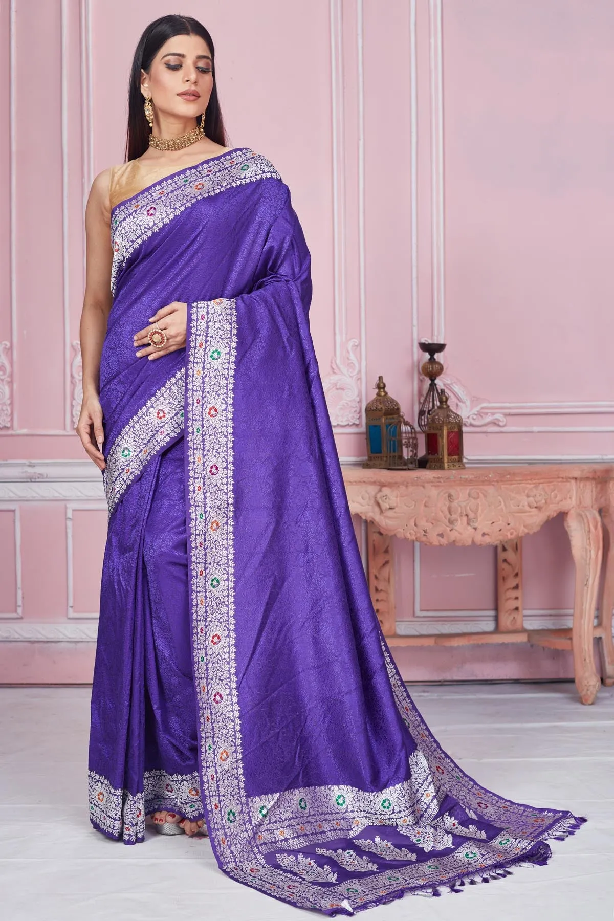 92A198 Lavender Banarasi Saree with Silver Zari Border