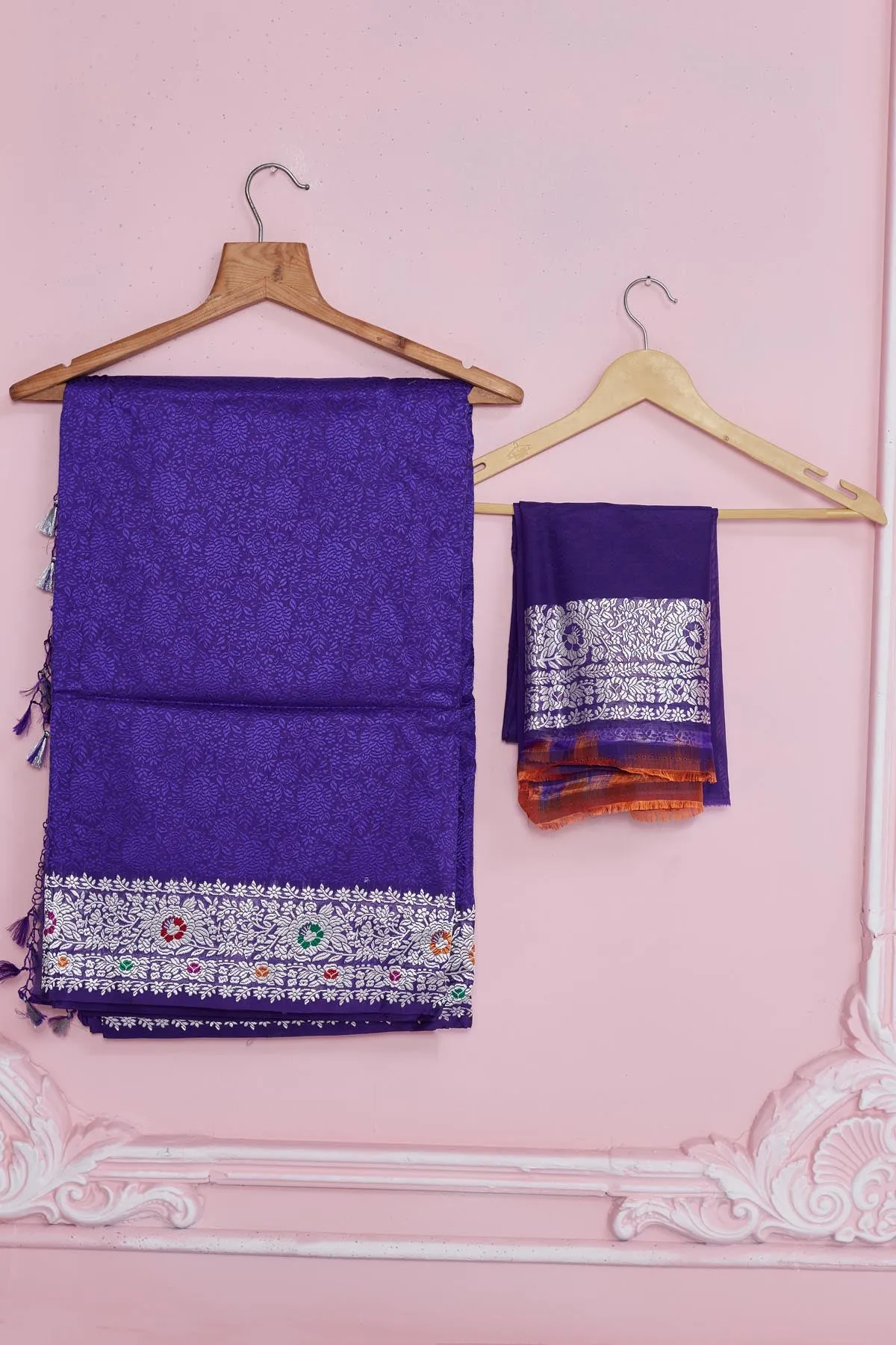 92A198 Lavender Banarasi Saree with Silver Zari Border