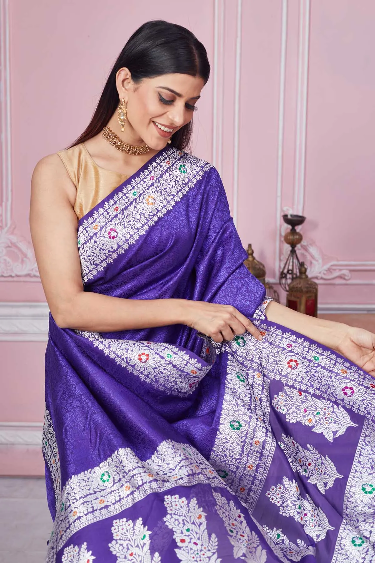 92A198 Lavender Banarasi Saree with Silver Zari Border