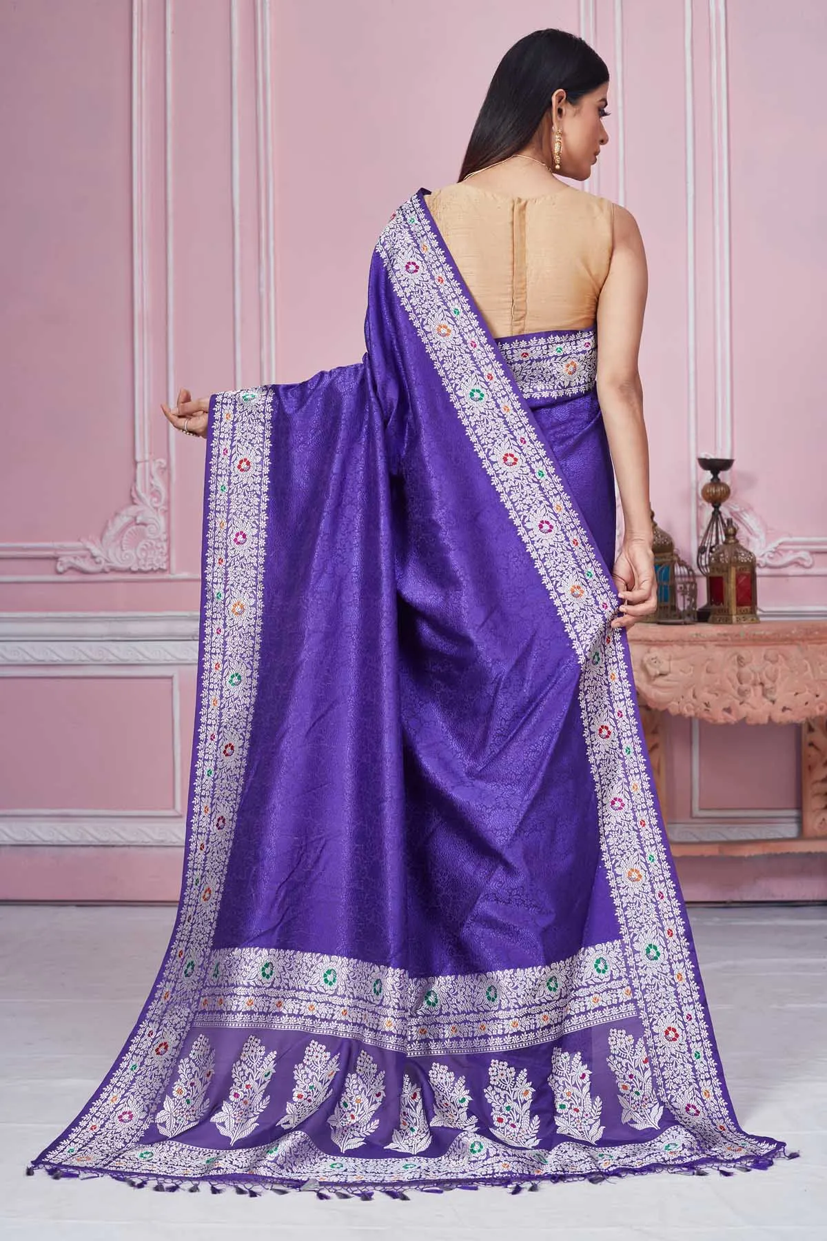 92A198 Lavender Banarasi Saree with Silver Zari Border