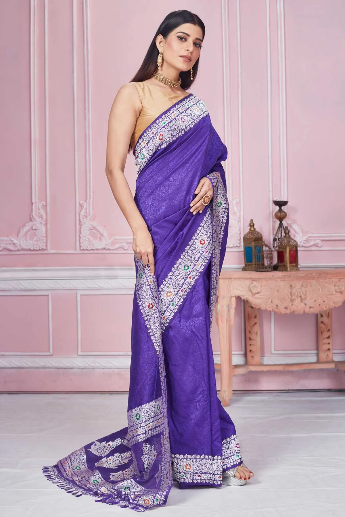 92A198 Lavender Banarasi Saree with Silver Zari Border