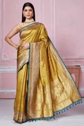 92A242 Golden Banarasi Saree With Zari Minakari Buta