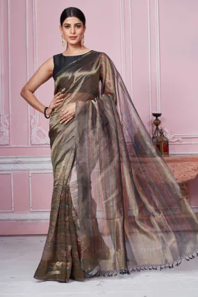 92A260 Metallic Grey Striped Banarasi Saree