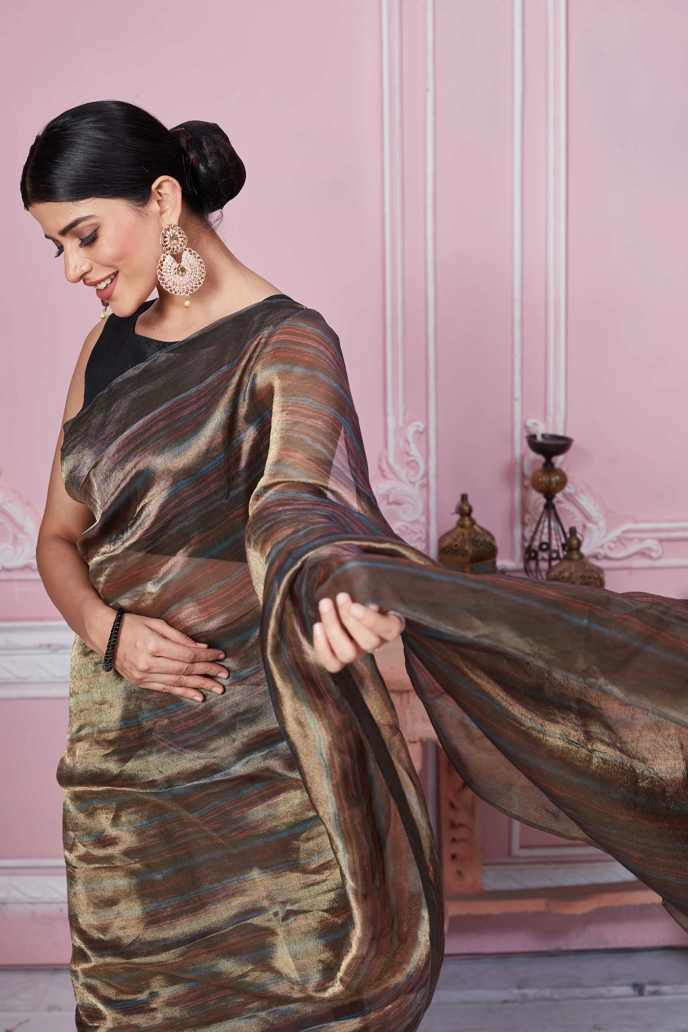 92A260 Metallic Grey Striped Banarasi Saree