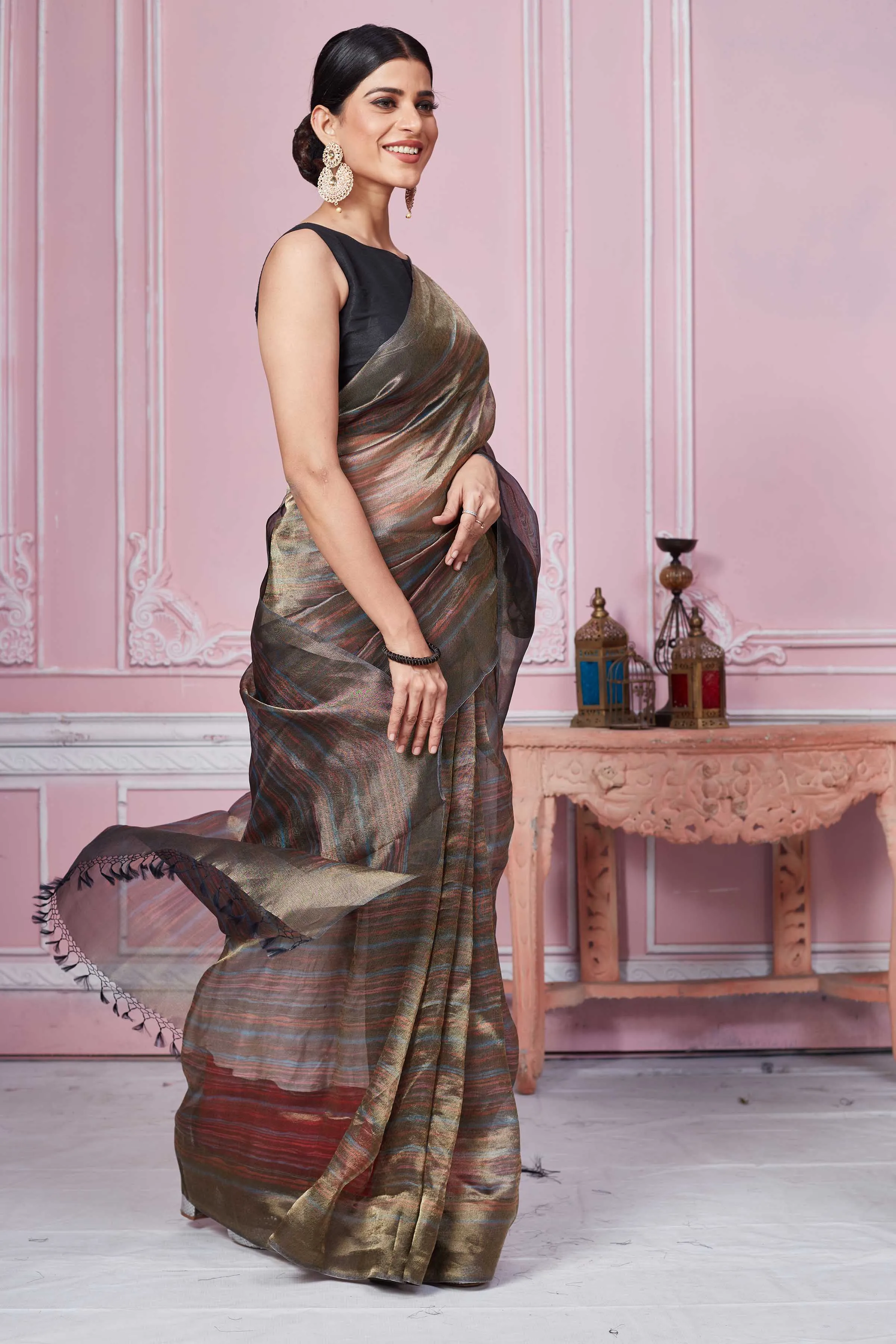 92A260 Metallic Grey Striped Banarasi Saree