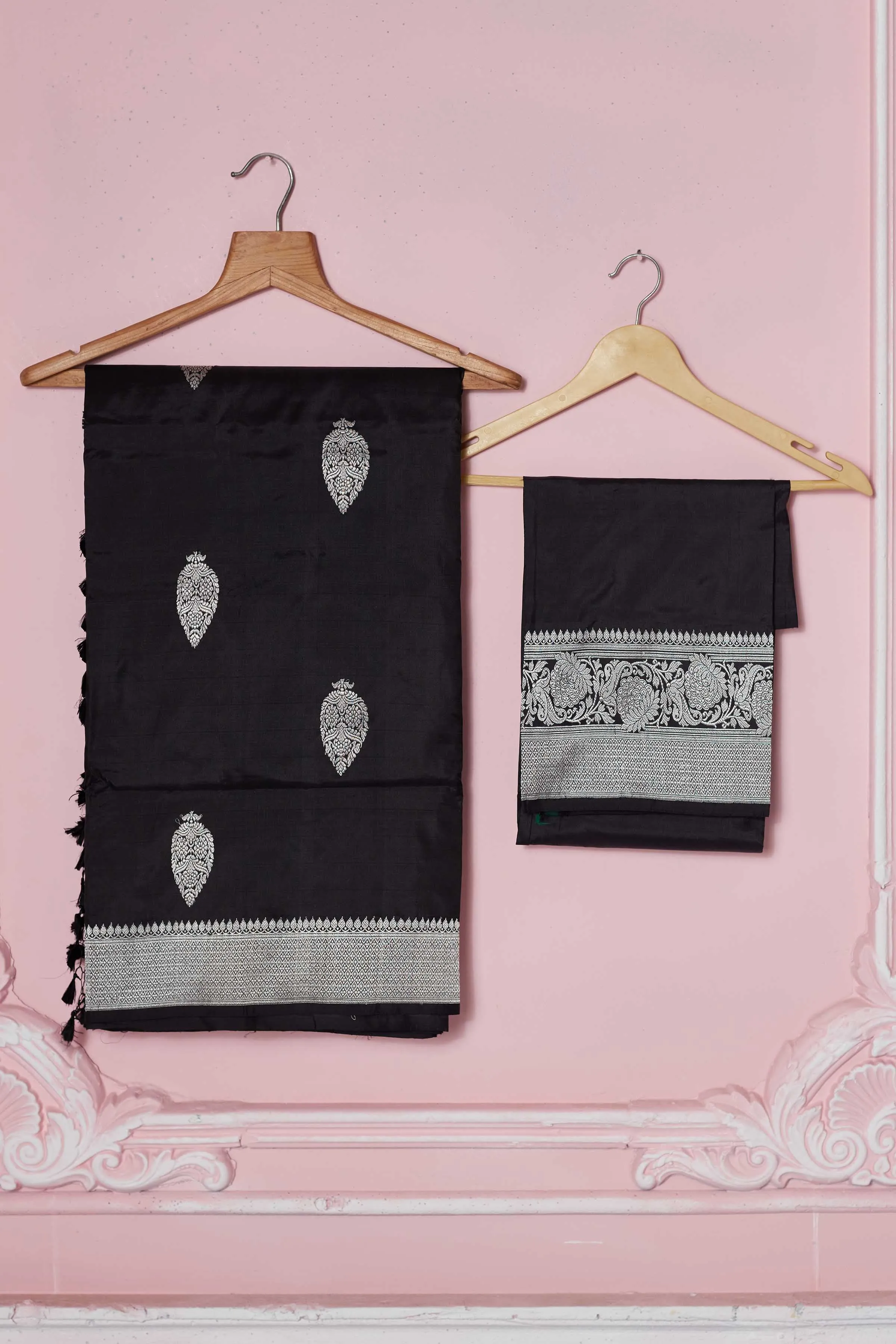 92A261 Black Banarasi Saree With Silver Zari Border And Buta