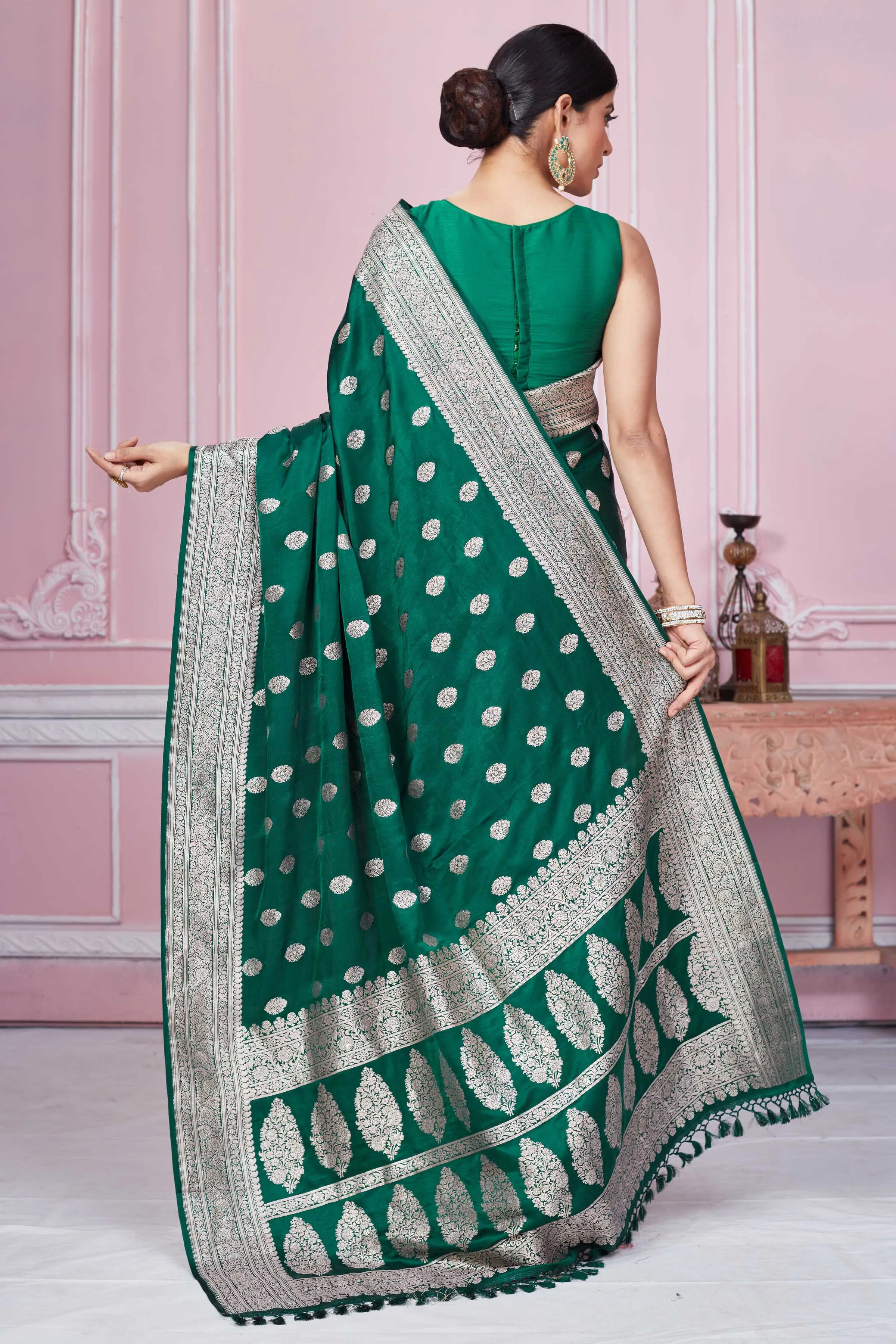 92A262 Dark Green Banarasi Sari With Silver Zari Border And Buta