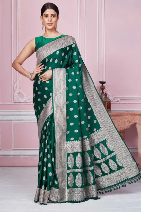 92A262 Dark Green Banarasi Sari With Silver Zari Border And Buta