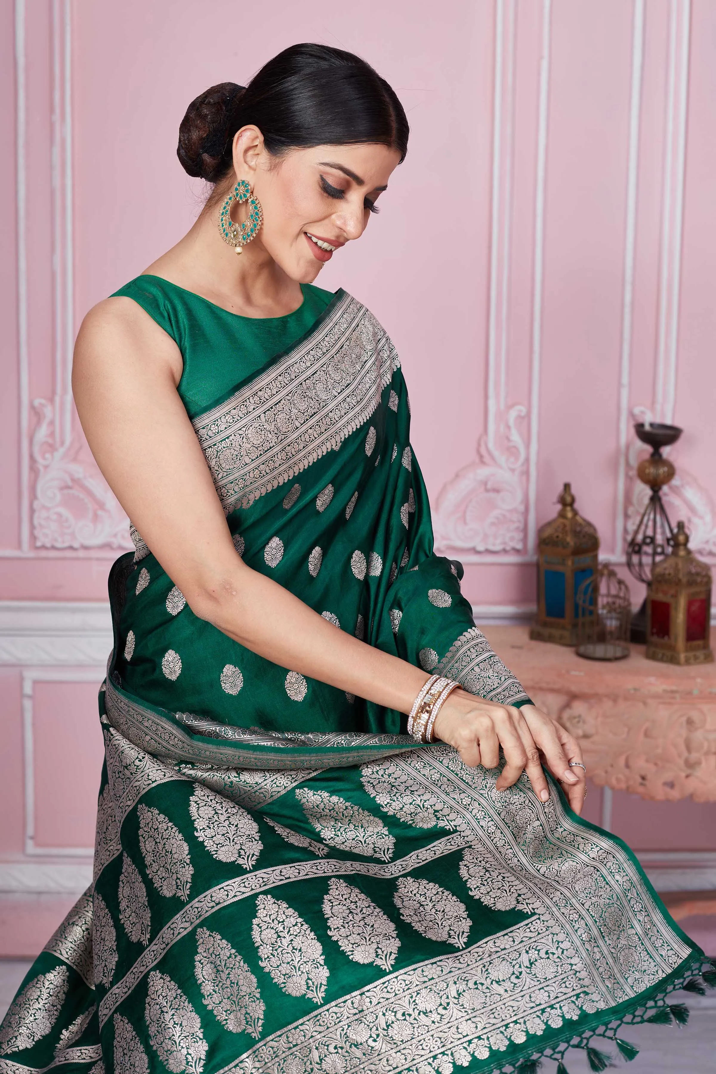 92A262 Dark Green Banarasi Sari With Silver Zari Border And Buta