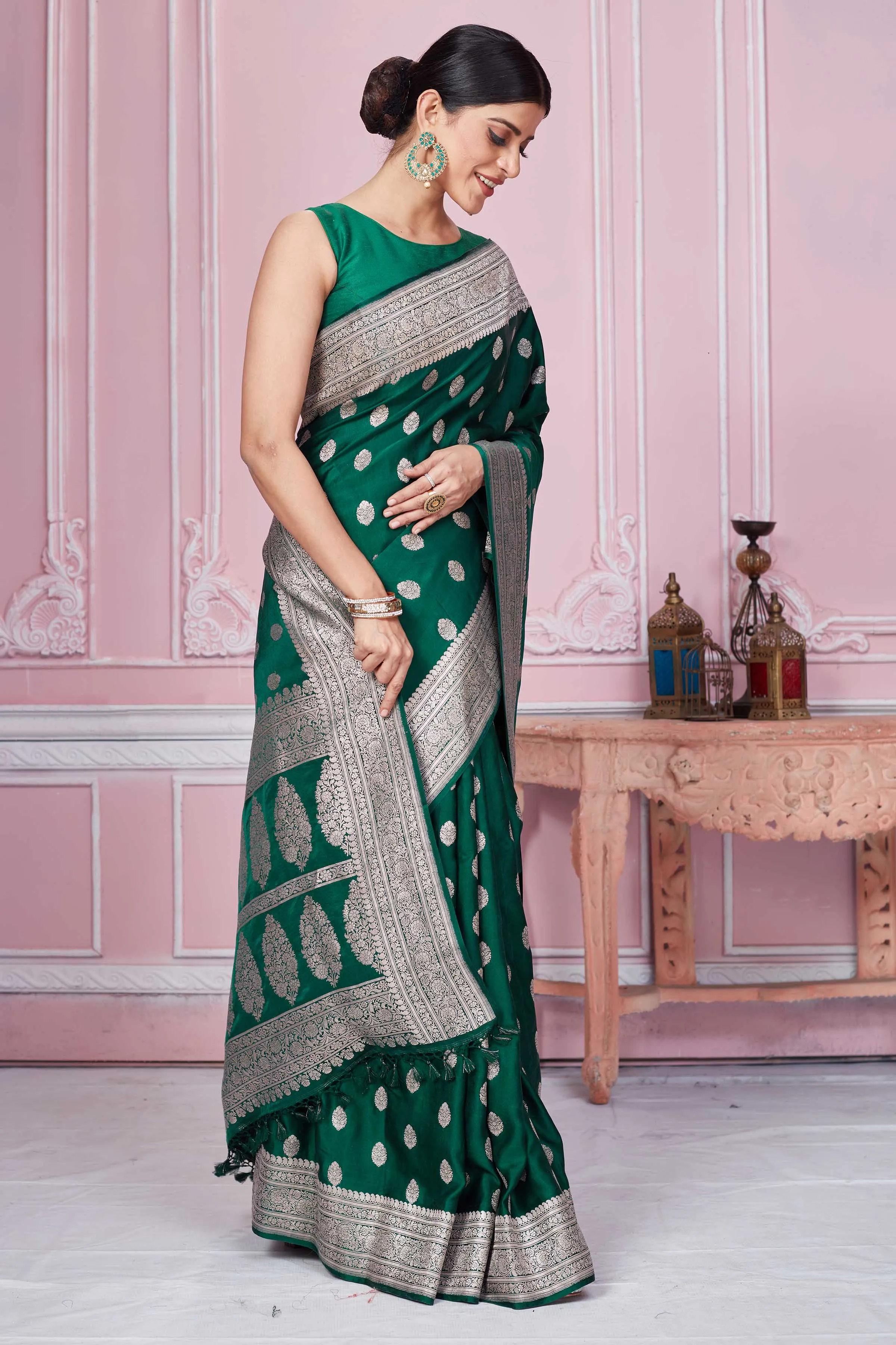 92A262 Dark Green Banarasi Sari With Silver Zari Border And Buta