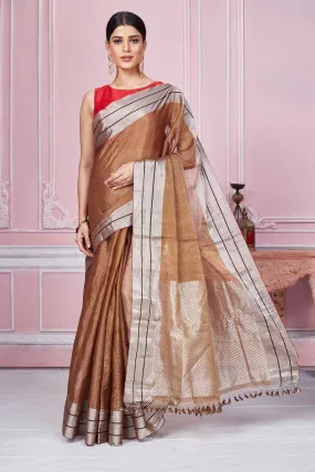 92A267 Brown Chanderi Silk Saree With Silver Zari Border