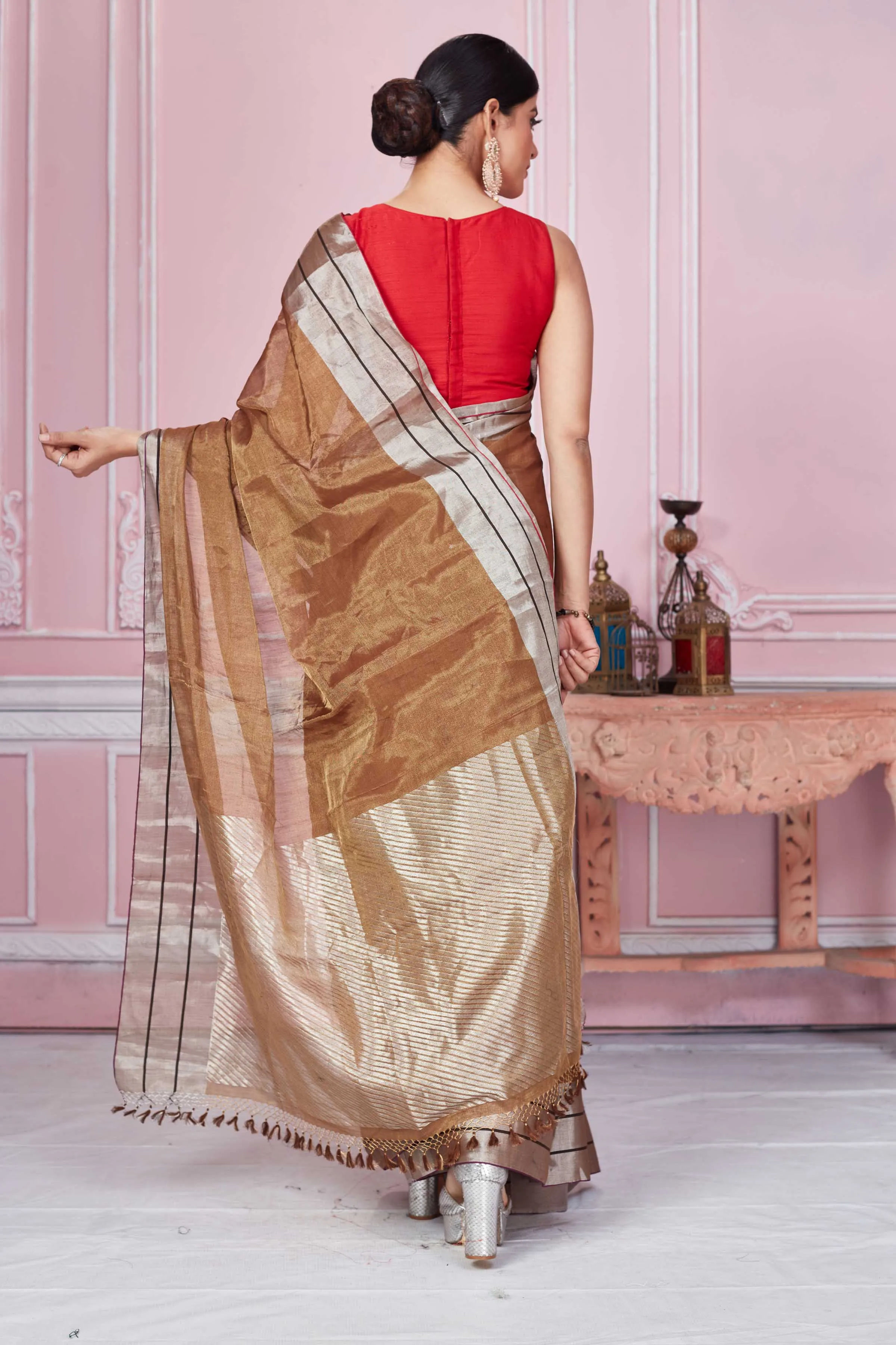 92A267 Brown Chanderi Silk Saree With Silver Zari Border