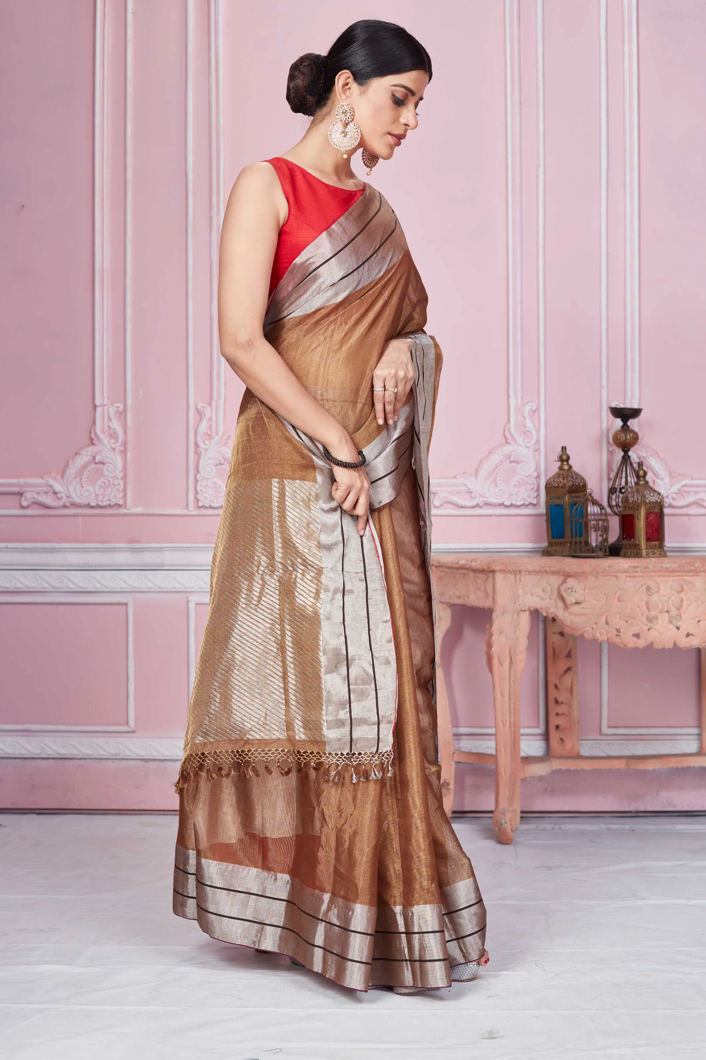 92A267 Brown Chanderi Silk Saree With Silver Zari Border