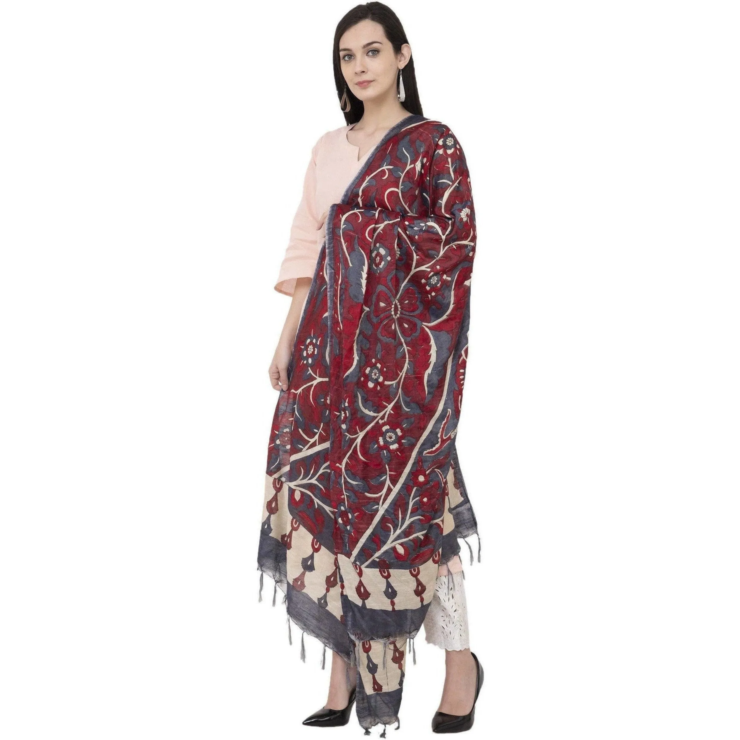 A R Silk Modal Kalamkari Print Fancy Maroon Coloured Dupatta