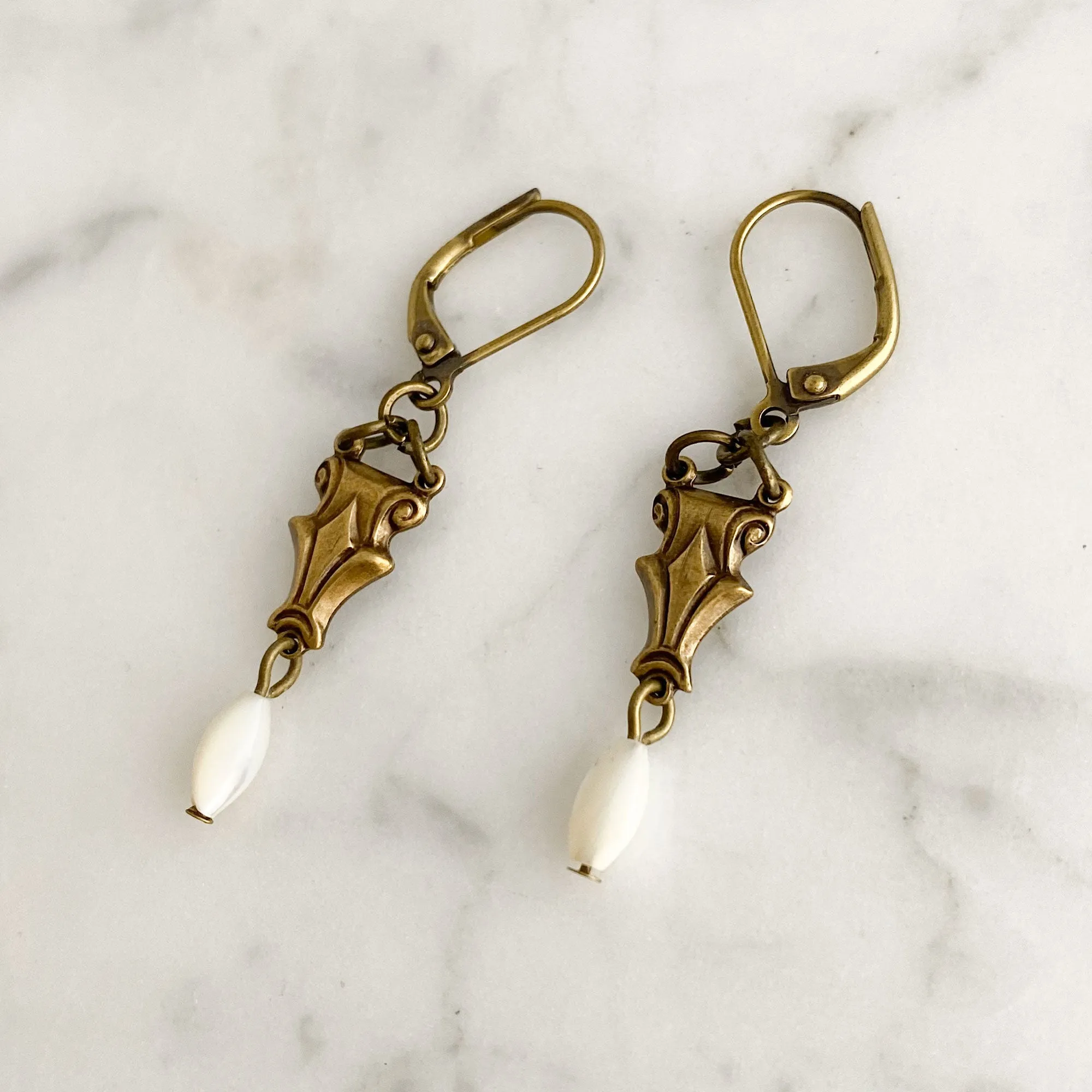 ALEXANDRIA Art Deco brass and pearl earrings