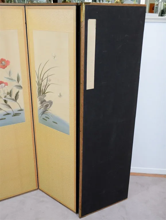 Art Deco Era Six-Panel Screen with Embroidered Floral Motif