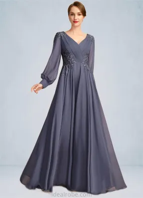 Aurora A-line V-Neck Floor-Length Chiffon Mother of the Bride Dress With Pleated Appliques Lace Sequins STKP0021652