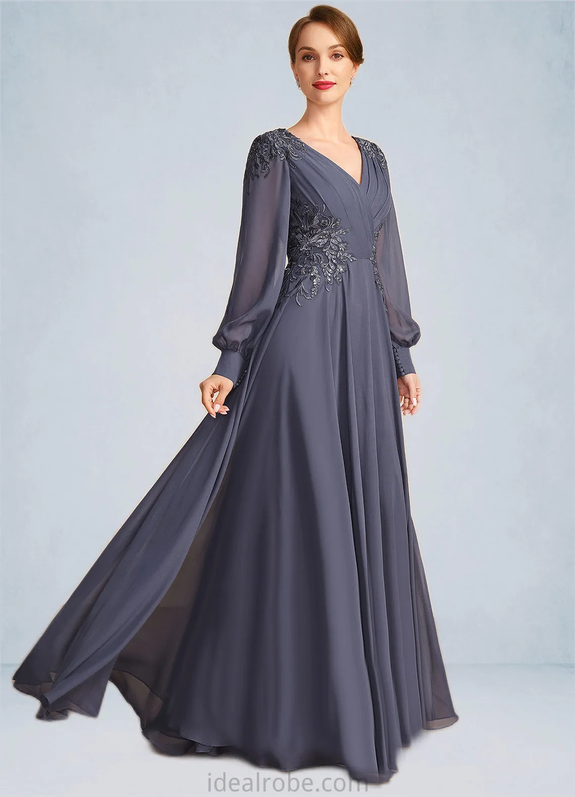 Aurora A-line V-Neck Floor-Length Chiffon Mother of the Bride Dress With Pleated Appliques Lace Sequins STKP0021652