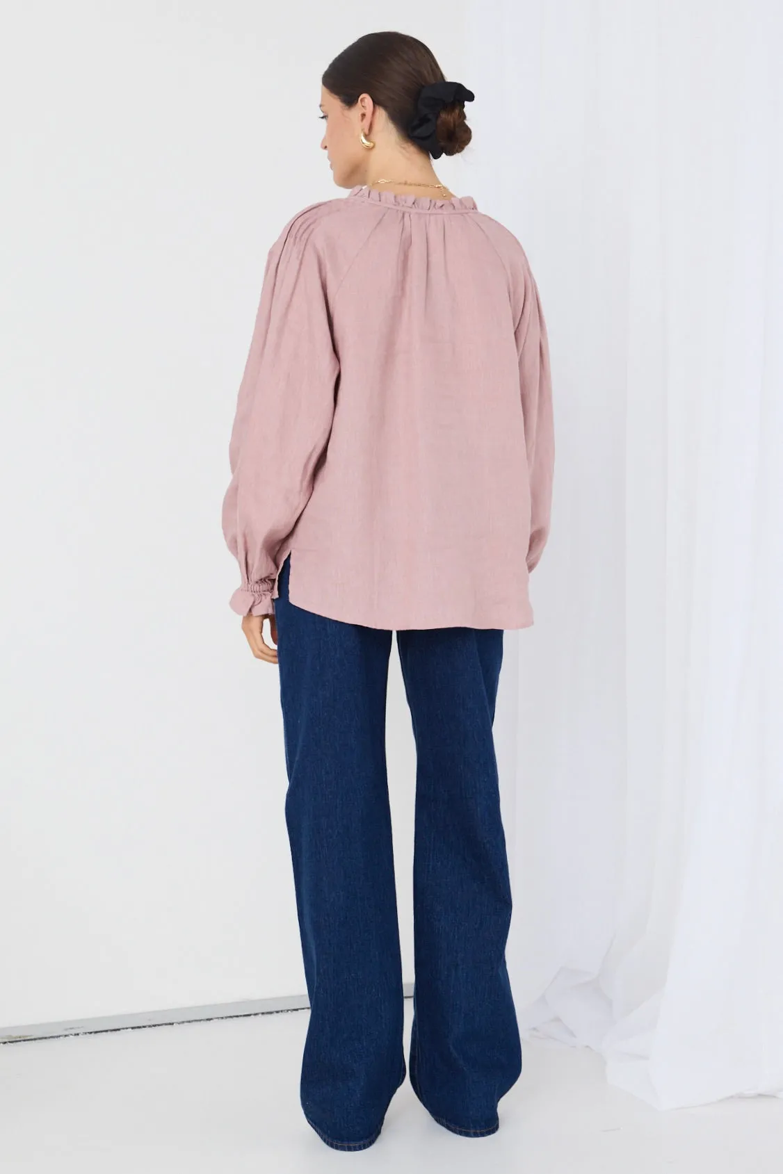 Birch Pink Clay Linen Pintuck Shoulder Tie Neck Top