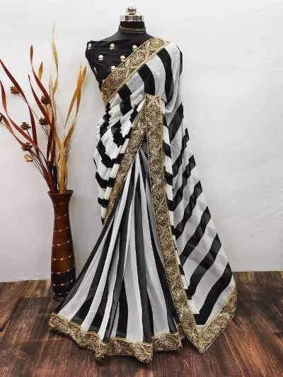 Black And White Strips Georgette Saree