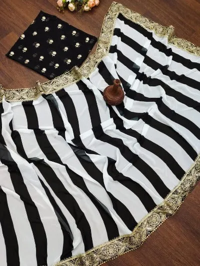 Black And White Strips Georgette Saree