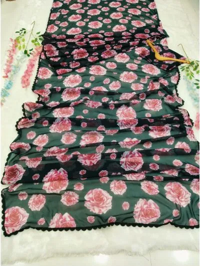 Black Floral 1 Minute Saree Ready to Wear Georgette Sari