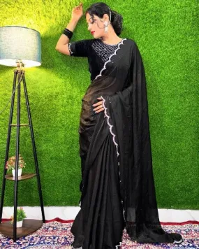 Black Pure Chinon Diamond Work Saree