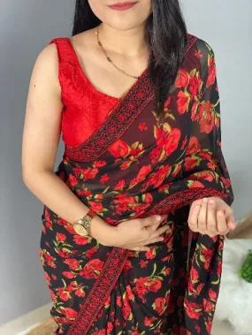 Black Red Floral Georgette Saree