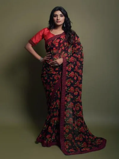 Black Red Floral Georgette Saree