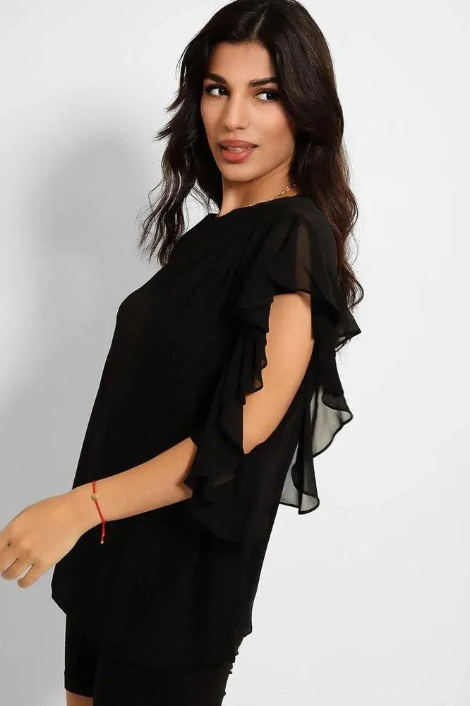 Black Sheer Chiffon Asymmetric Sleeves Blouse