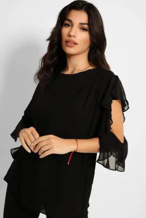 Black Sheer Chiffon Asymmetric Sleeves Blouse